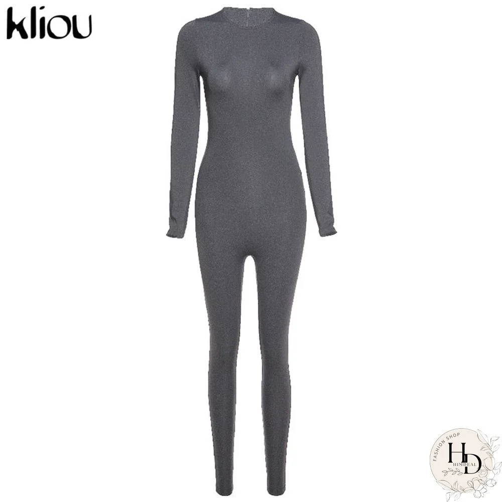 Kliou Solid Black/Gray Long Sleeve Skiing  Jumpsuit Women Elastic Hight Outfit Fashion Fitness Sportwear Slim Rompers Streetwear