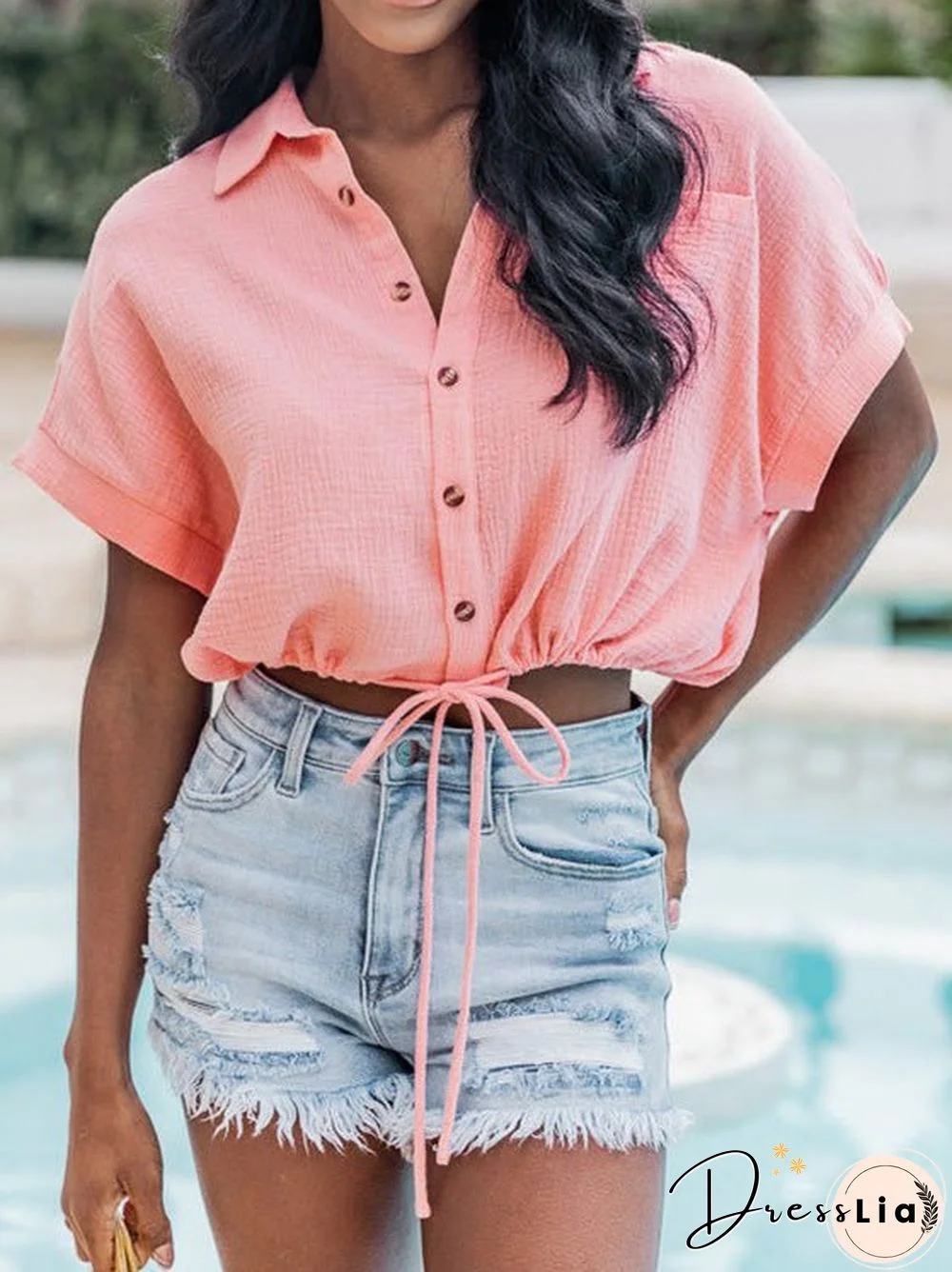 Women'S Blouses Drawstring Button Crop Short Sleeve Blouse