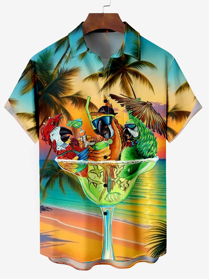 Parrot Cocktail Beach Vacation Short Sleeve Shirt PLUSCLOTHESMAN