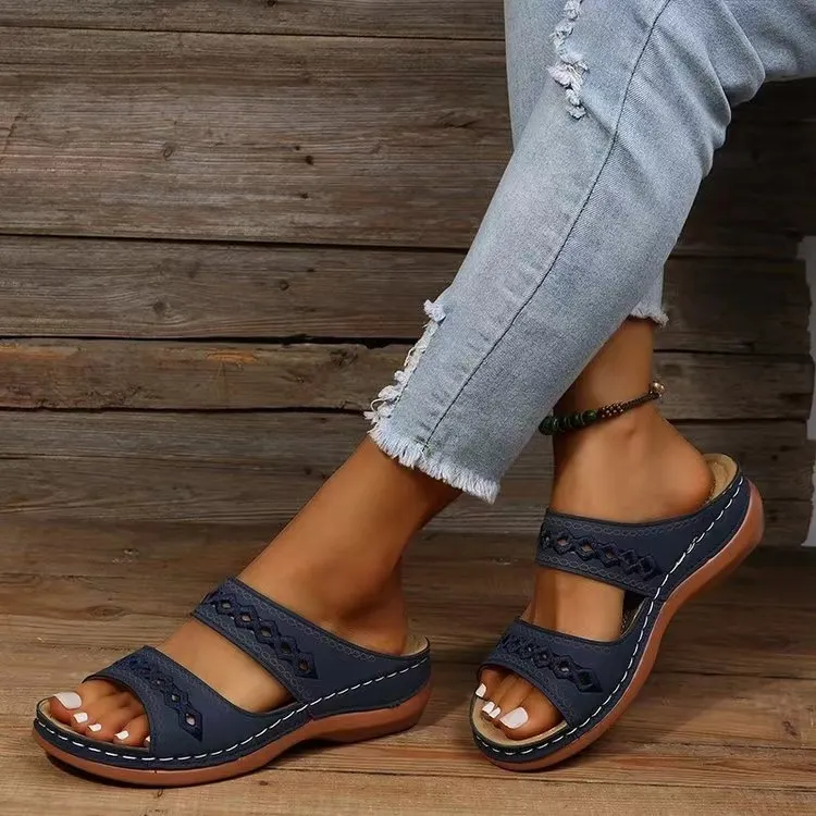 Breakj Breakj New Large-Size Slippers Retro Car Line Anti-Slip Round Slope And Comfortable Word Cool Slippers Woman