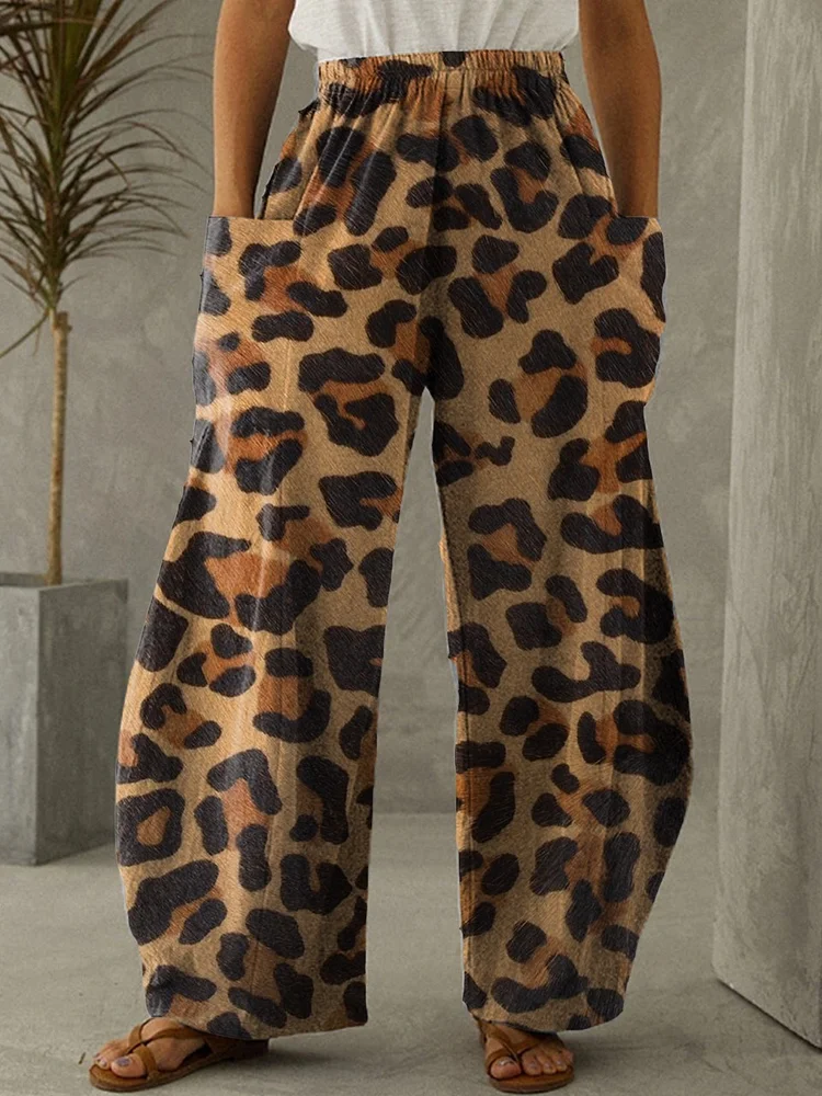 Women's Leopard Print Elastic Waist Wide Leg Pants Trousers Casual Pants socialshop