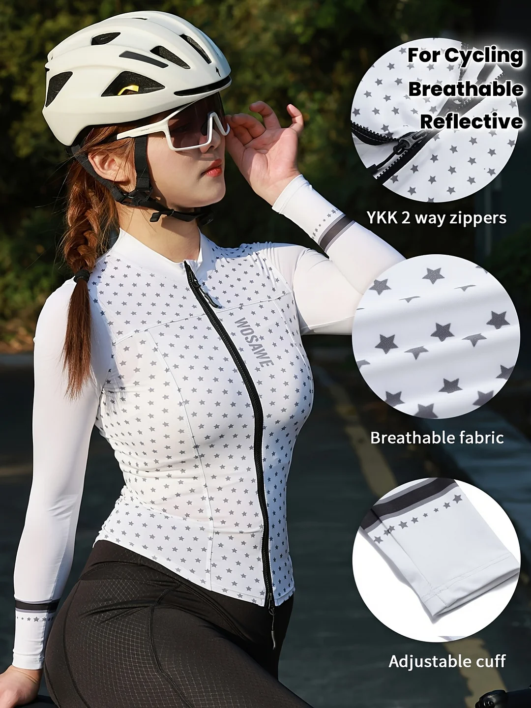 Wosawe Women's Breathable Reflective Cycling Jersey - Full-Zip Long Sleeve Outdoor Sports Jacket With Adjustable Cuff, Polka Dot Design, Lightweight & Stretchy Fabric For Spring/Summer/Fall, Cycling Accessorie | IFYHOME