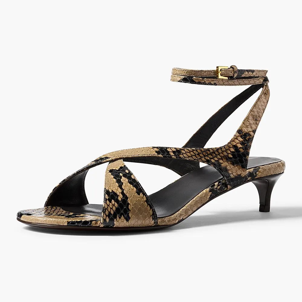 Black and Beige Snakeskin Embossed Kitten Heel Ankle Strap Sandals Nicepairs