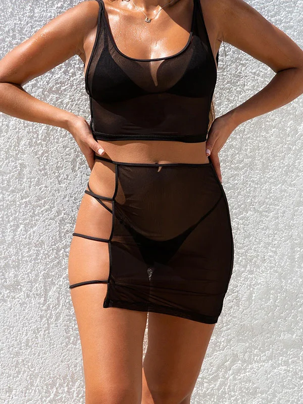 Solid Color Split Bikini Swimsuit+See-Through Split Cover-Ups Four Piece Set