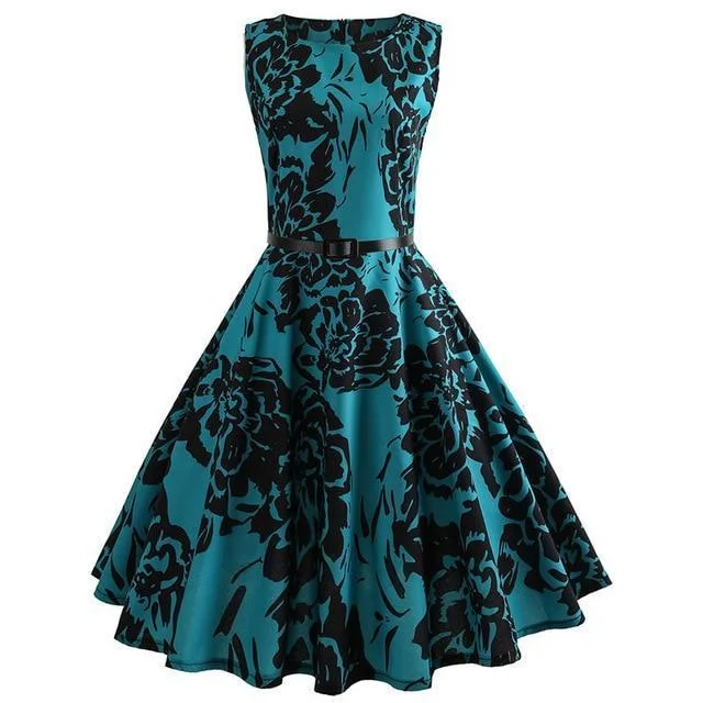 Women Floral Print Summer Dress Vintage Elegant Swing Party Dresses