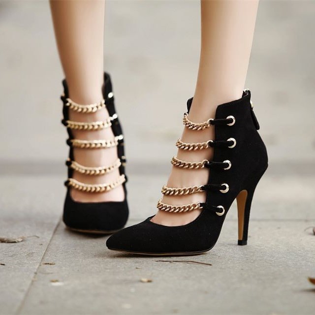 Black Suede Summer Boots Metal Chains Fashion Ankle Booties |FSJ Shoes