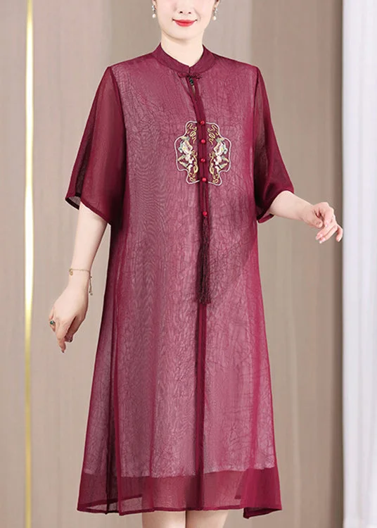Chinese Style Wine Red Stand Collar Embroideried Patchwork Dress Summer