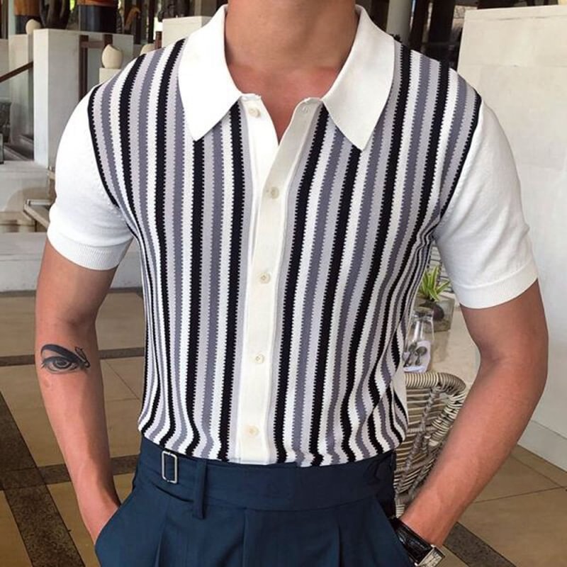 Stripe Casual Lapel Button Short Sleeve Men's Knitwear Shirts-VESSFUL