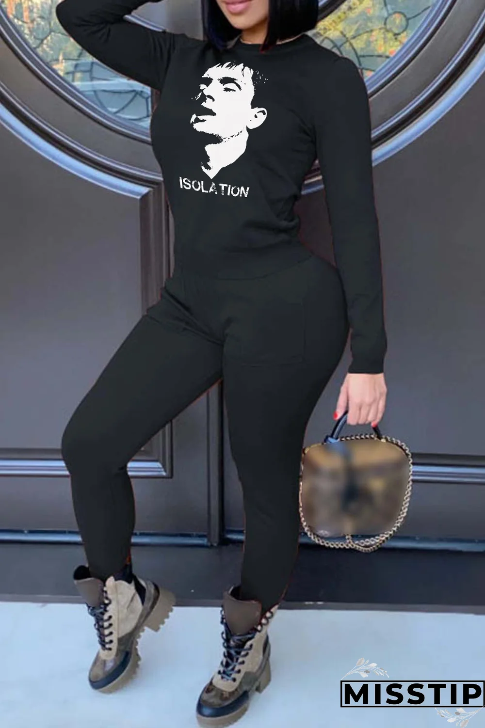 Black Casual Vintage Print Patchwork Letter O Neck Tops