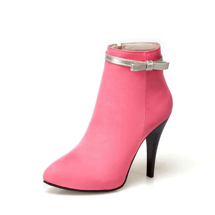 Baby Pink Bow Heeled Boots Suede Cute Stiletto Heel Ankle Booties |FSJ Shoes