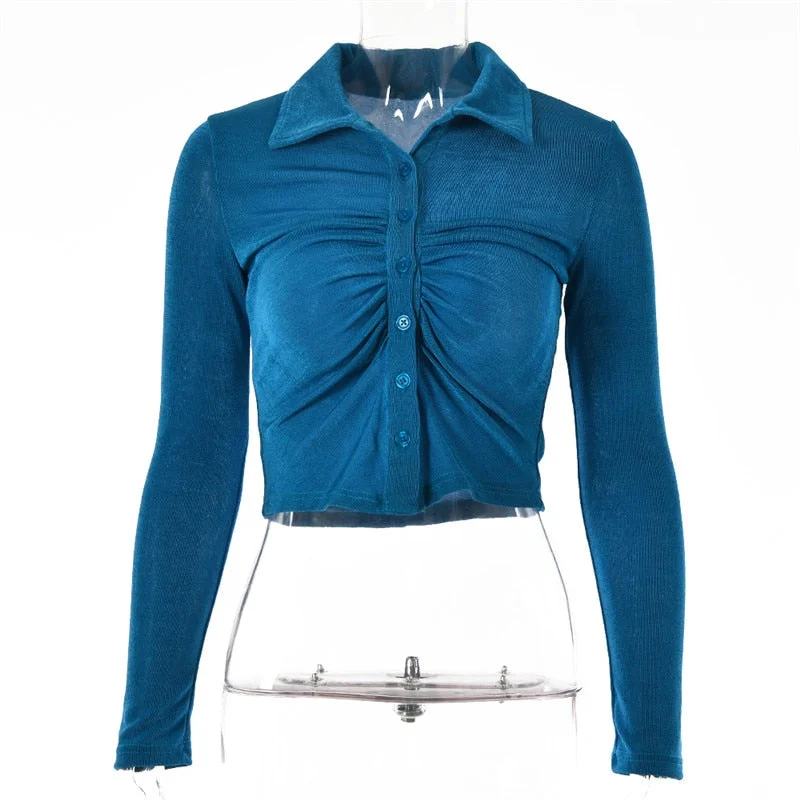 Articat Autumn Long Sleeve Buttons Ruched T-Shirts Women Sexy Turn-Down Collar Slim Crop Tops Femme Fashion High Street T Shirt