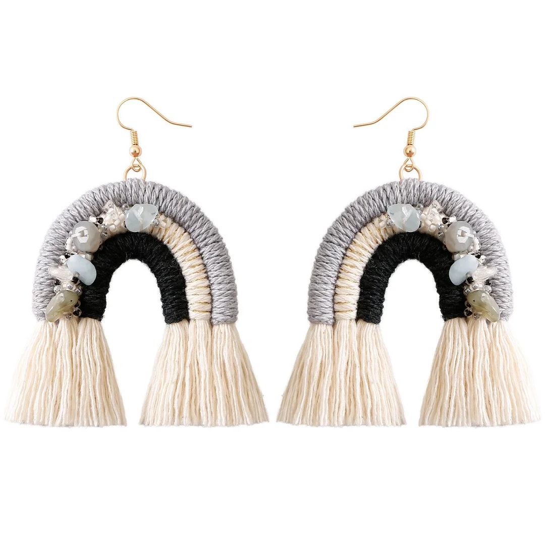 Dvacaman Ethnic Handmade Weave Macrame Earrings Cotton Thread Feather Fringe Tassel Earrings Wedding Jewelry Women Accessories