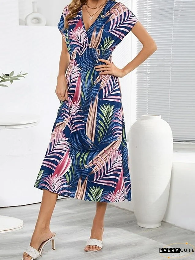 Casual Dress Summer Dress Print Dress Leaf Leopard Ruched Print V Neck Midi Dress Fashion Hawaiian Holiday Date Short Sleeve Regular Fit Black And White Leopard Yellow Summer Spring S M L XL for Women