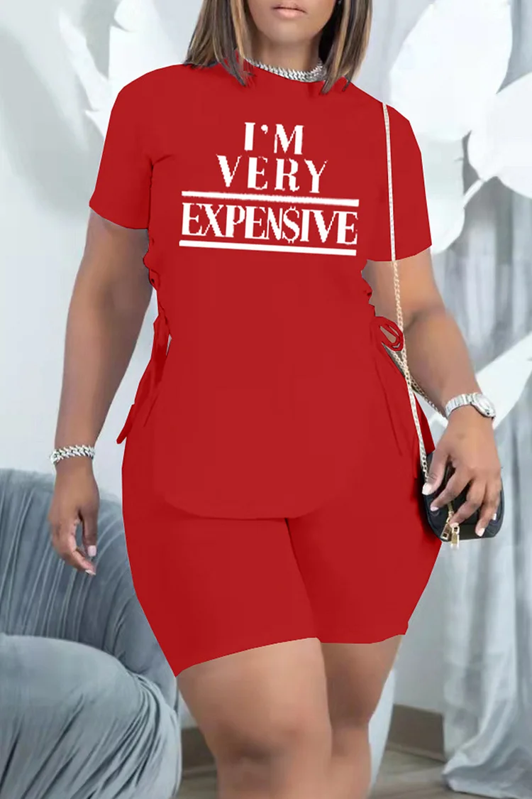 Red Fashion Casual Letter Print Bandage O Neck Short Sleeve Two Pieces