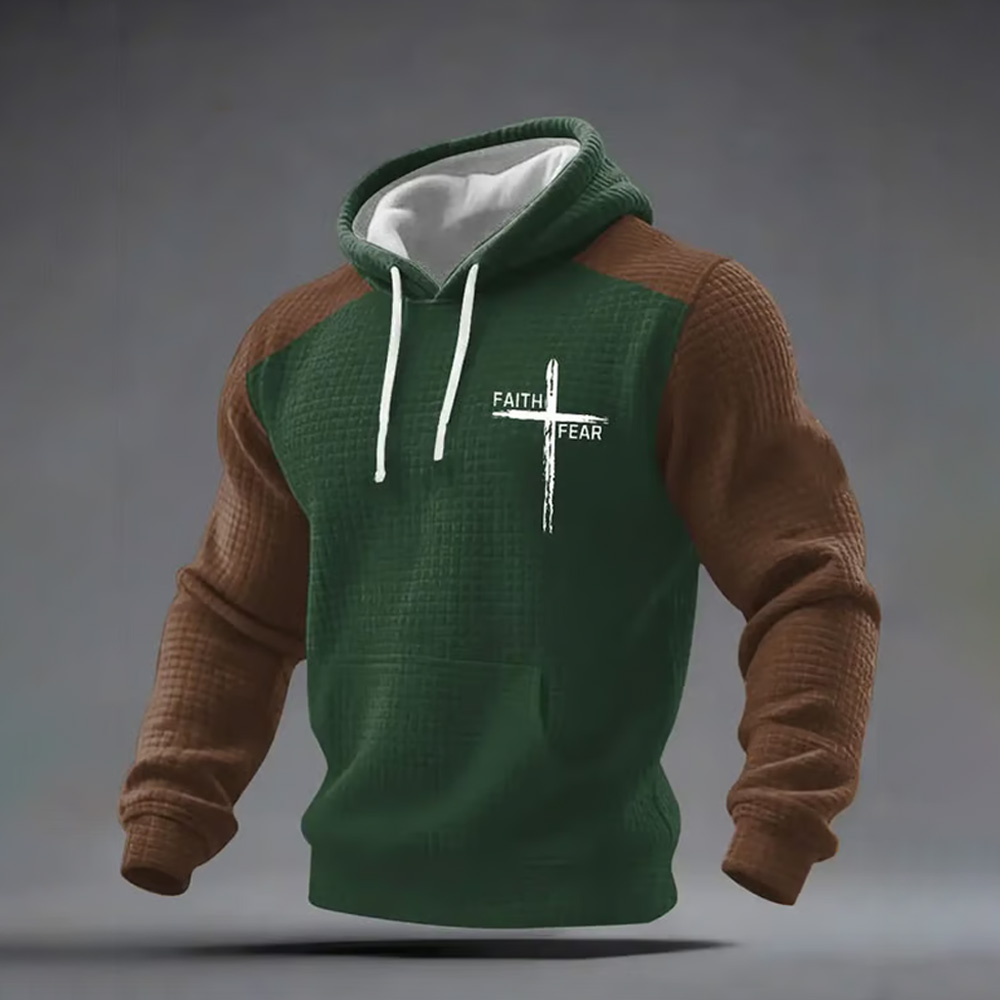 Men's Faith Print Checkered Fabric Hooded Sweatshirt wearshes