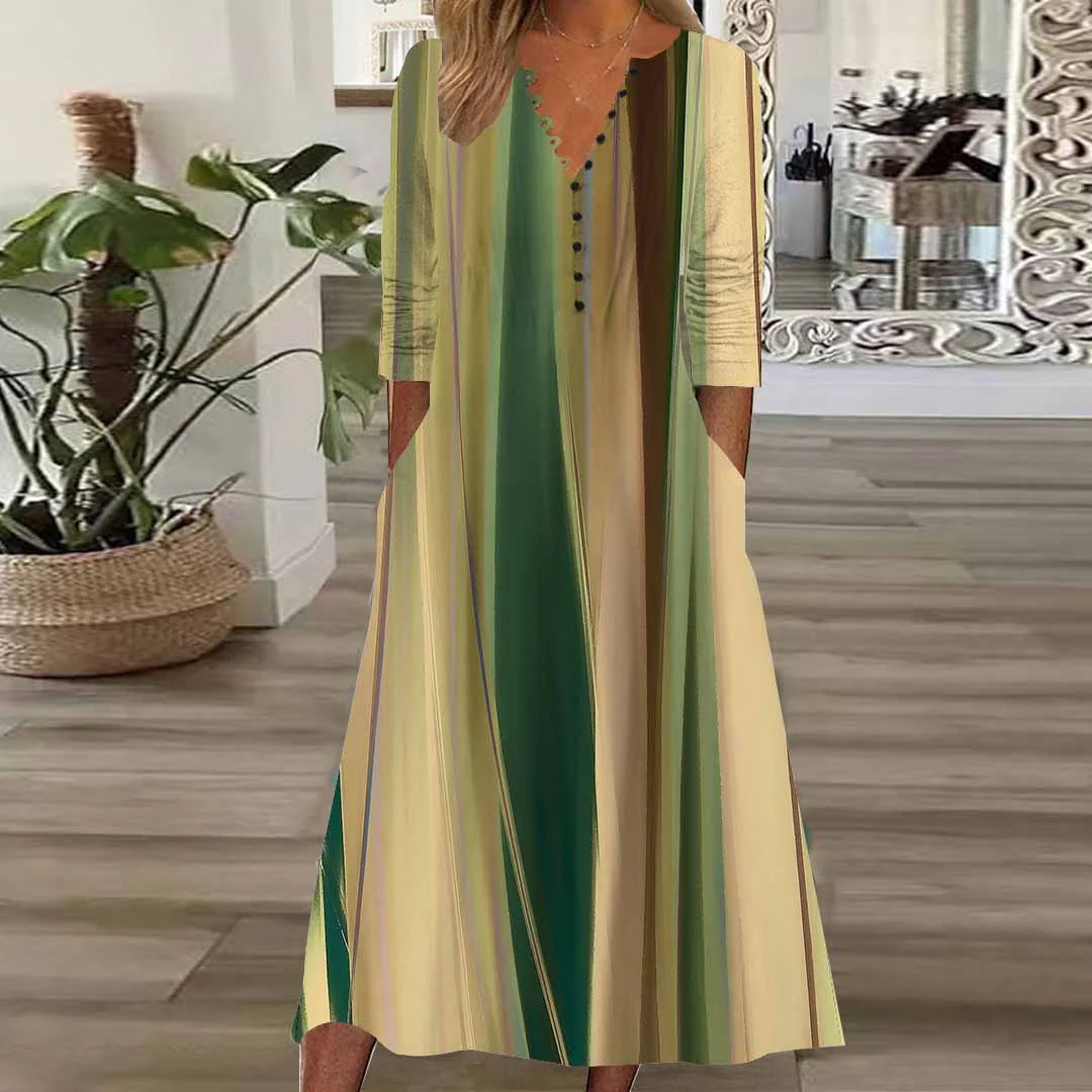 Women Striped,Green DZHB8287 Long Sleeve V-Neck Graphic Printed Midi Dress