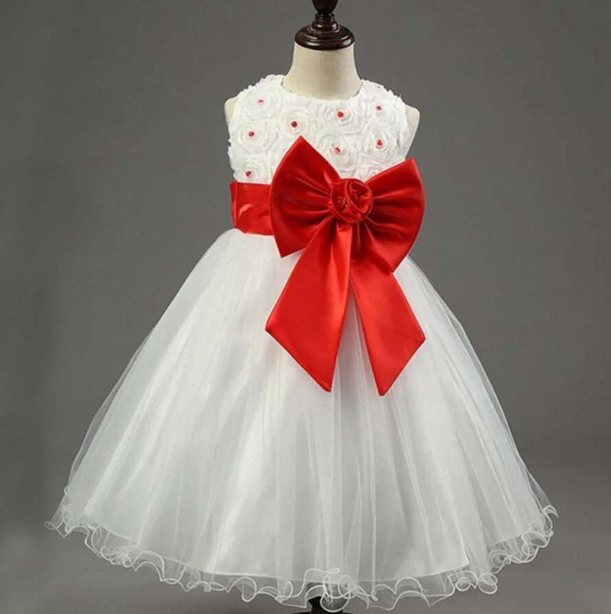 Ivory Online Princess Flower Girl Dresses, Weding Little Girl Dresses with Pink Bow