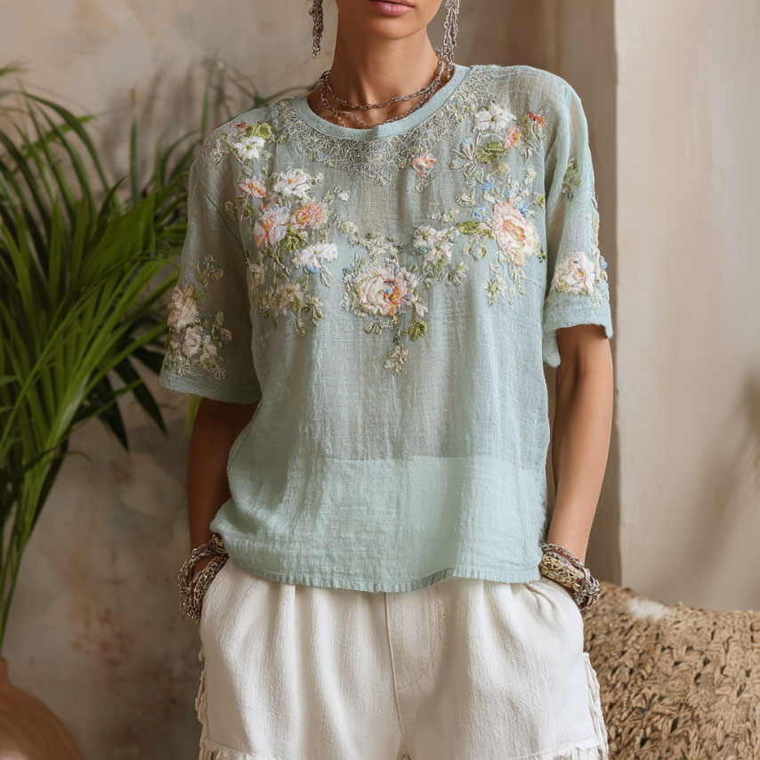 Women's Floral Art Print Linen Blend Casual Crew Neck T-shirt elevenforest