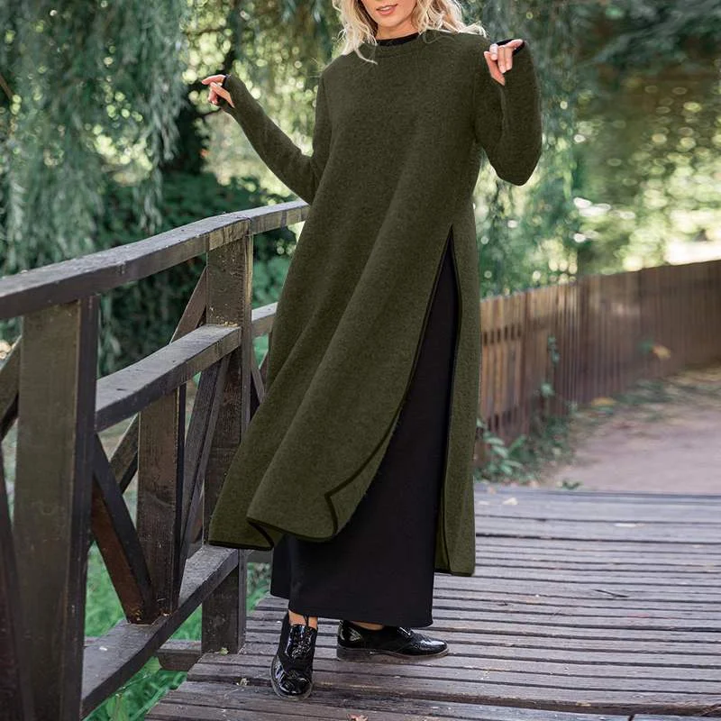 Maxi Long Dress VONDA Autumn Loose  O Neck Side Split Fashion Pullover Maxi Sweatshirt Dresses Asymmetric Vestidos Femme Robe