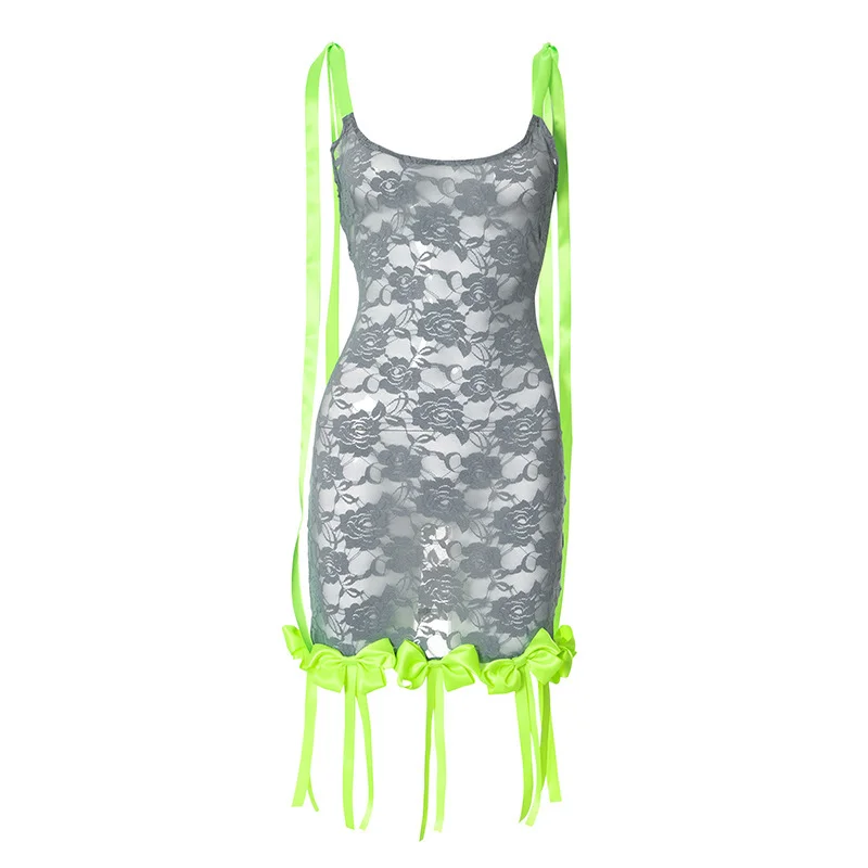 Brownm Brownm Women's Summer New Colored Ribbon Rose Lace Spliced Sleeveless Suspension Dress