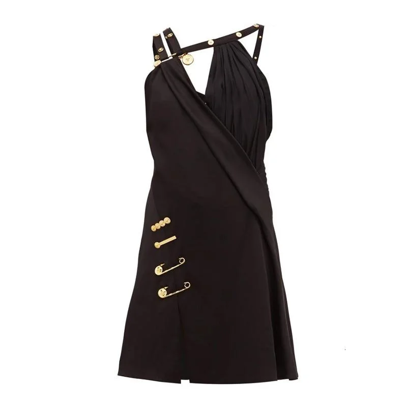 ABEBEY Asymmetrical Patchwork Pin Women's Dress Spaghetti Strap Off Shoulder High Waist Irregular Dresses Female 2023