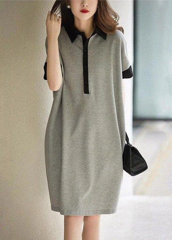 Casual Black Peter Pan Collar Button Cotton Maxi Dresses Short Sleeve