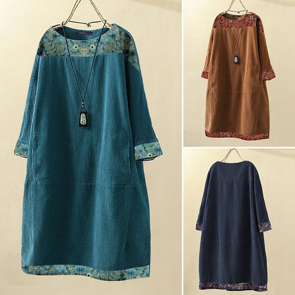 Zanzea Women Autumn Pure Color Plus Long Tops Casual Vintage Corduroy Midi Dress - Chicaggo