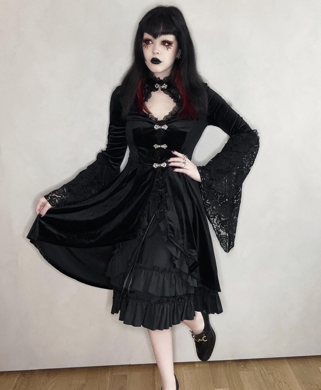 Drak Goth Sexy Vintage Lace Cutout Paneled Dress