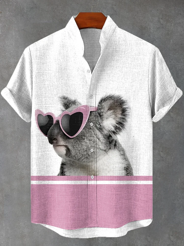 Men's Fun Cute Koala Contrast Color Print Linen Blend Shirt