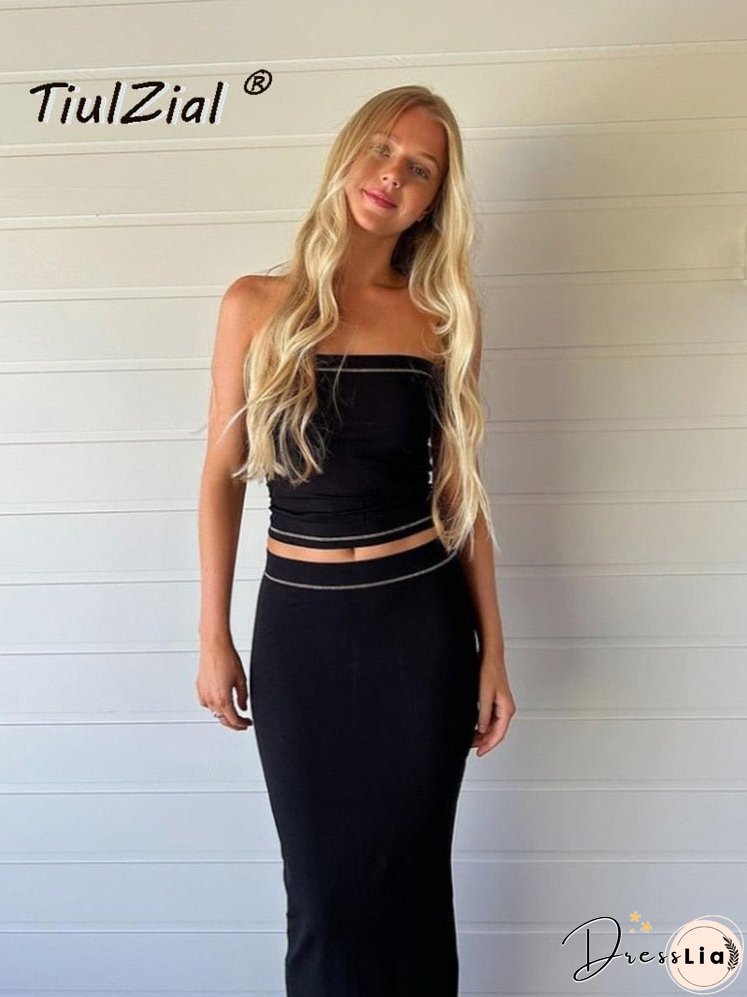 Summer Women Dress Set Strapless Crop Top And Midi Skirt Two Pieces One Suit Y2K Patchwork Beach Dress Outfit
