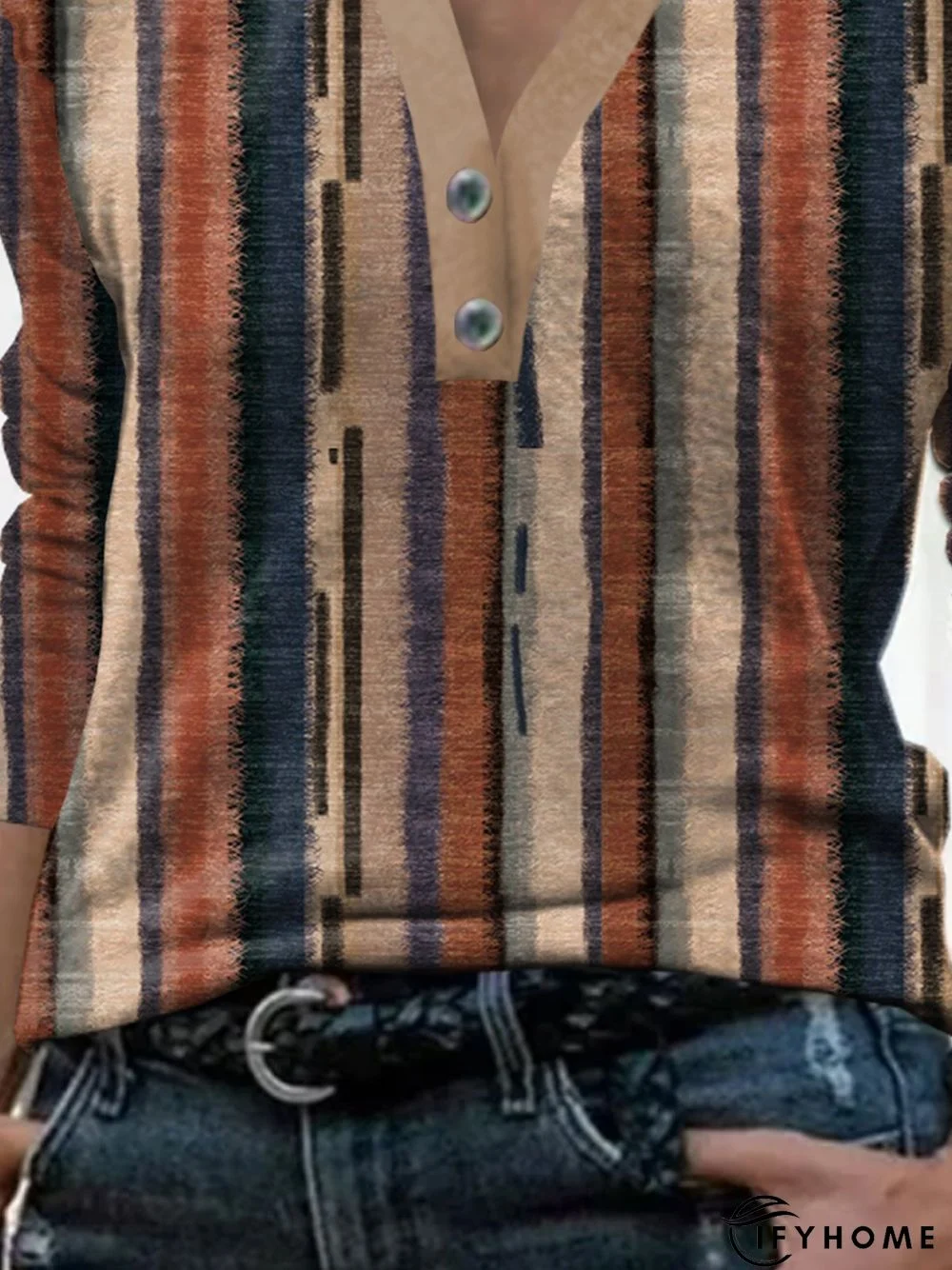 Striped Long Sleeve Buttoned Notched Casual T-Shirt | IFYHOME