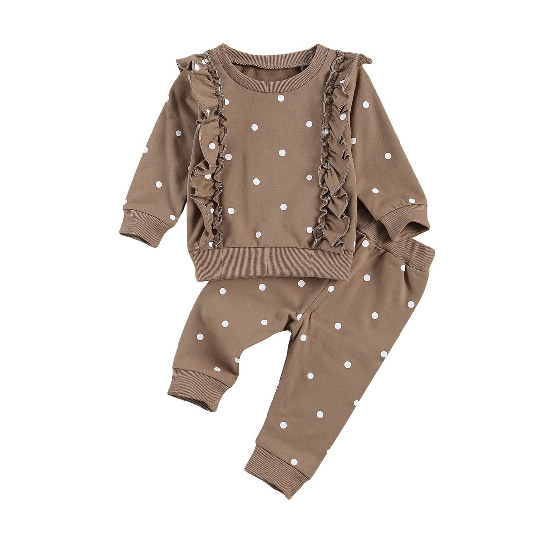 Infant Baby Girls Fall Clothes, Long Sleeve Crew Neck Polka Dots Ruffle Tops + Pants 2Pcs Outfits Set Spring Autumn