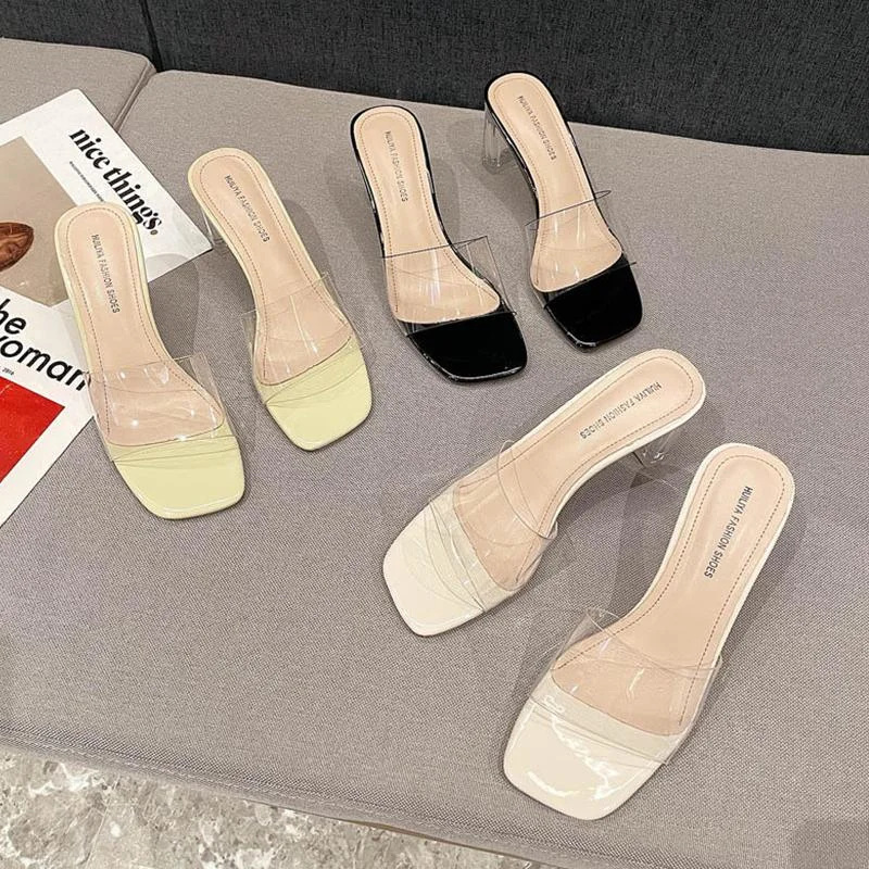 New Crystal Heel Thick Heel Transparent Slippers