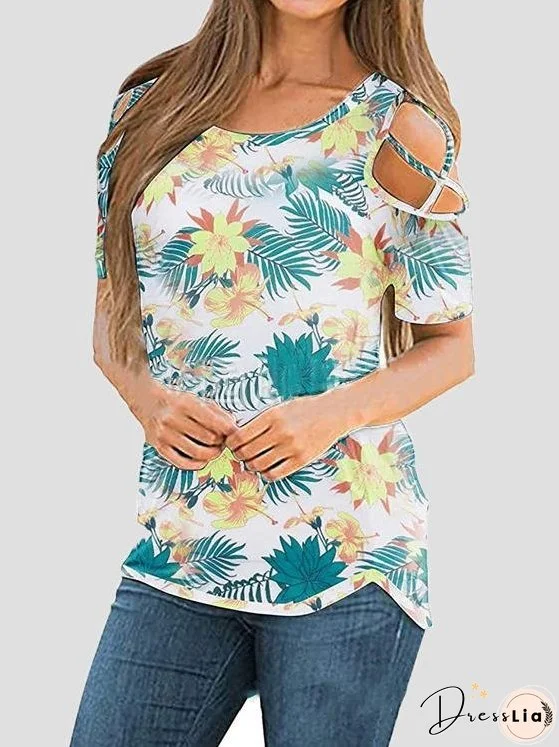 Printed Round Neck Off The Shoulder Short Sleeve T-shirt