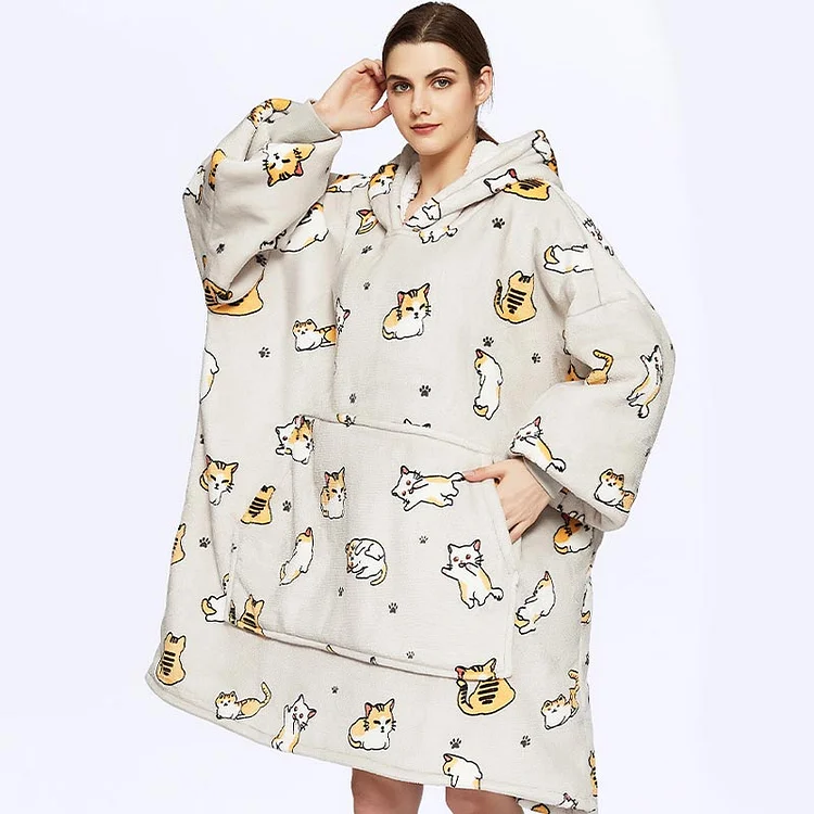 Cartoon Kitty Print Fleece Loose Wearable Hooded Blanket - Modakawa Modakawa