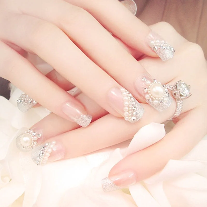 Hot Sell 24PCS/Sets Wedding Bride Fake Nails Crystal Pearl Rhinestone Nail Patch Full Nail Tips Fingernail Women Nail Art-Nail Inspo