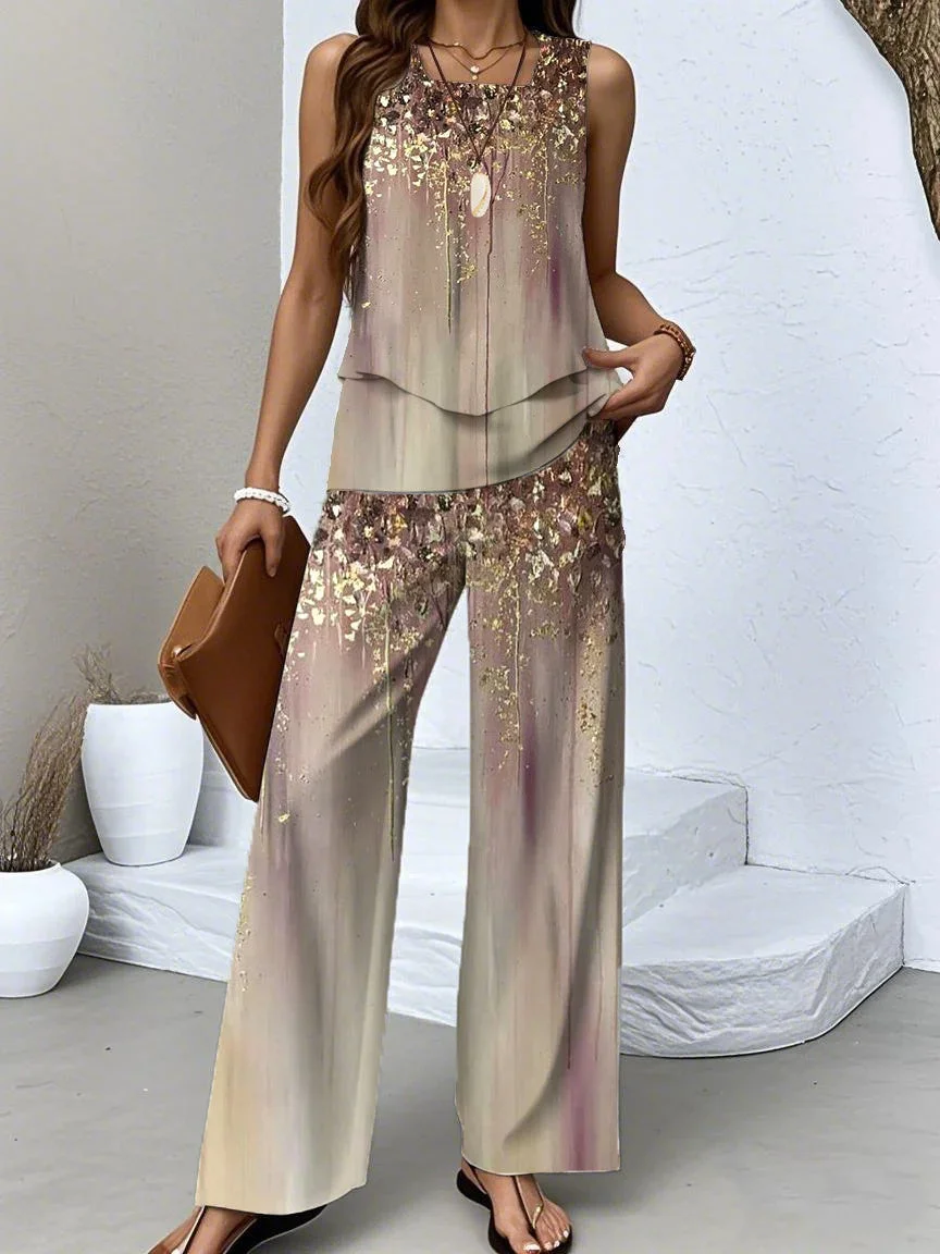 Women's Sleeveless Square Collar Graphic Printed Casual Set