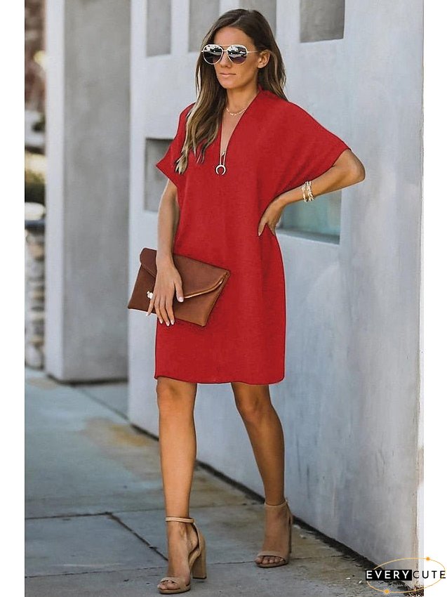 Casual Dress Midi Black White Yellow Short Sleeve Pure Color Summer Spring Neck Hot XXL