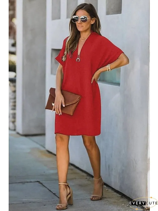Casual Dress Midi Black White Yellow Short Sleeve Pure Color Summer Spring Neck Hot XXL