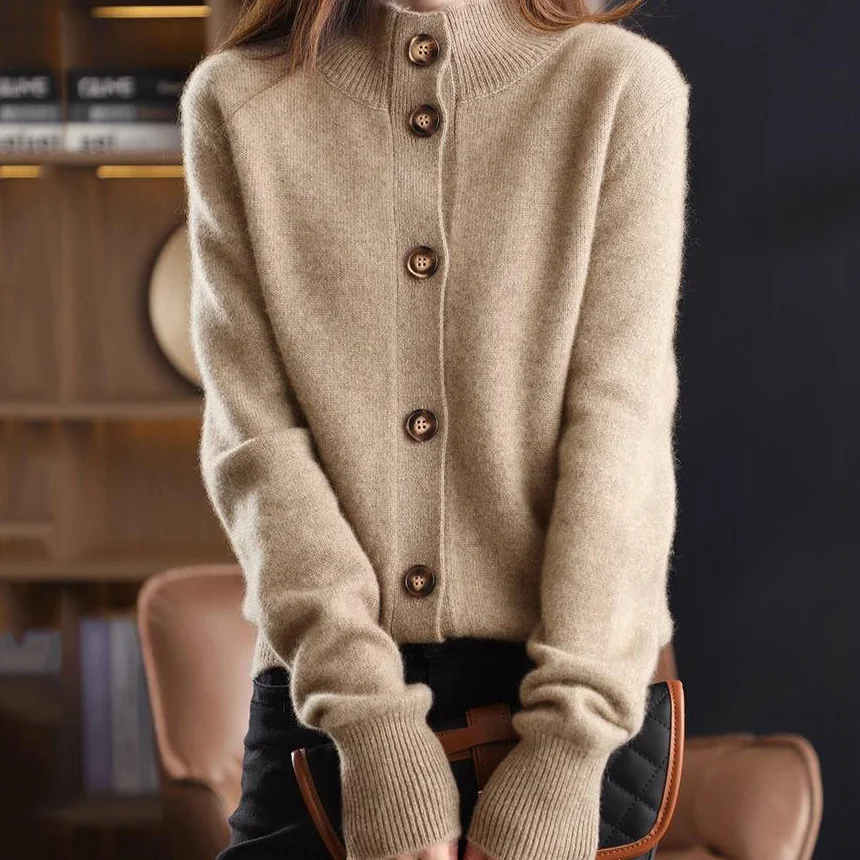 Vintage Solid Color Buttoned Turtleneck Cardigan