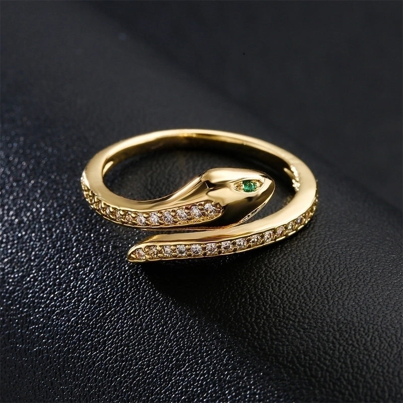 European And American New Copper-plated 18k Gold Zircon Green-eyed Snake Ring