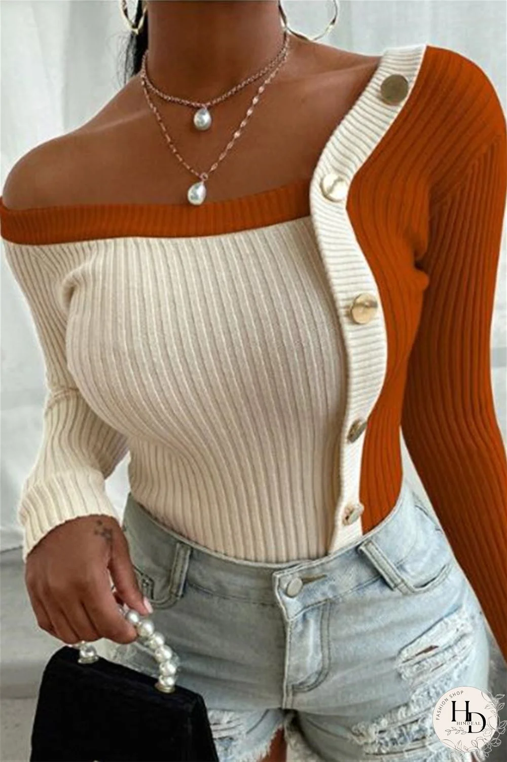 Orange Fashion Casual Oblique Collar Long Sleeve Regular Sleeve Regular Patchwork Solid Tops