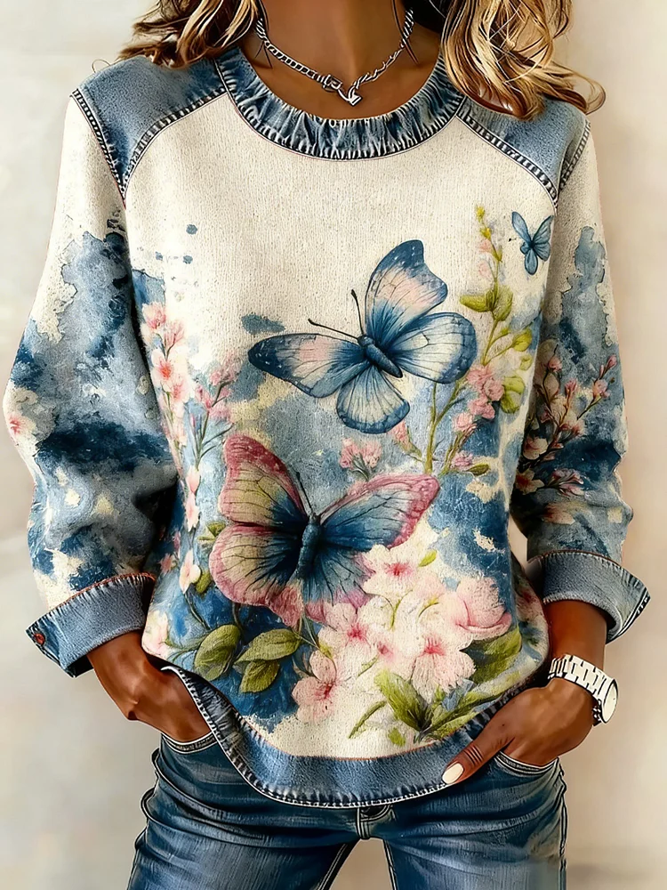 Women's Vintage Floral And Butterfly Print Top 