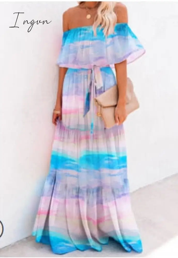 Ingvn - Floral Print Dress Slim Sexy Off The Shoulder Long Irregular Female Streetwear New Casual