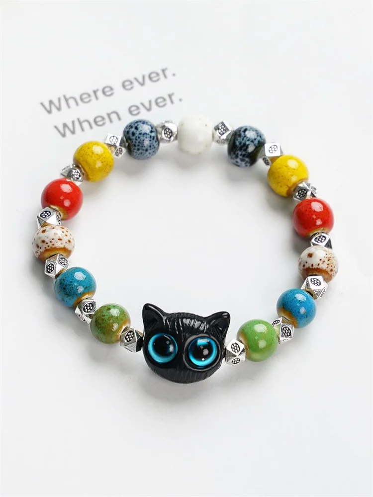 Lovely Black Cat Colorful Ceramic Beaded Bracelet