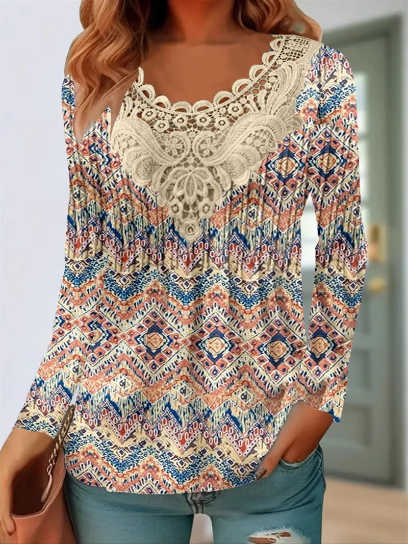 Women Long Sleeve Scoop Neck Floral Printed Graphic Lace Tops