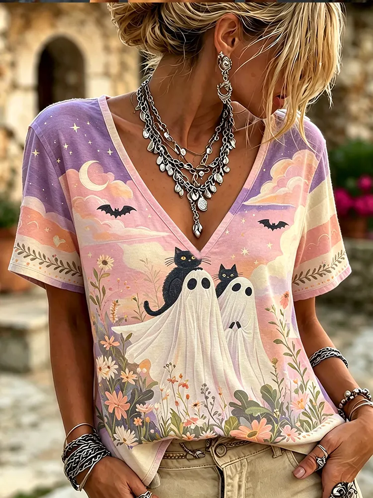 Women's V-neck T-shirt With Pastel Tie-dye, Cats In Ghost Costumes, And Floral Field Print
