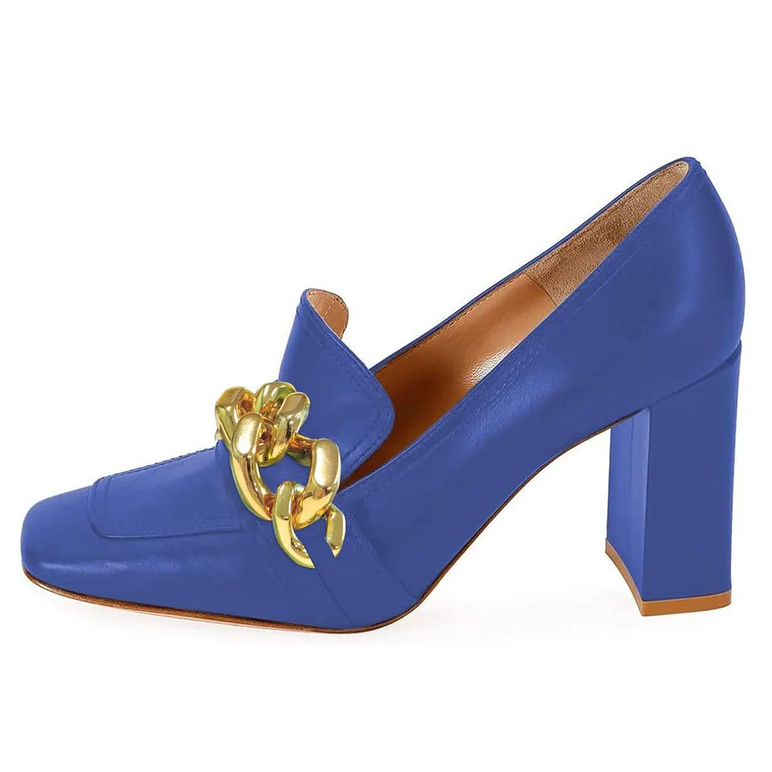 Blue Square Toe Chunky Heel Women's Loafers with Gold Chain