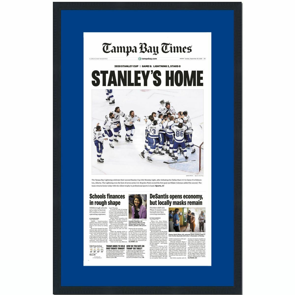 Framed Tampa Bay Times Lightning 2020 Stanley Cup Champs Newspaper 17x27 Photo Poster painting