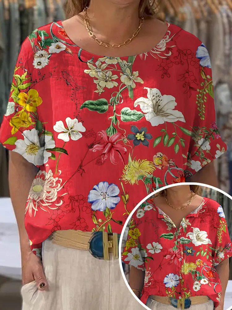 Women's Vintage Lovely Floral Art Print Front And Back Wear Short Sleeve Cotton Shirt